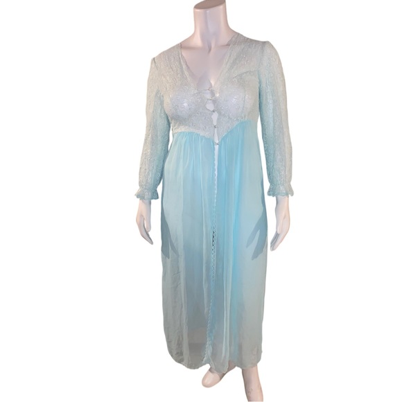 Vintage Sleepwear Sugar Plum Large Light Blue Gown Chemise Lace Fly Away Front - Picture 4 of 16